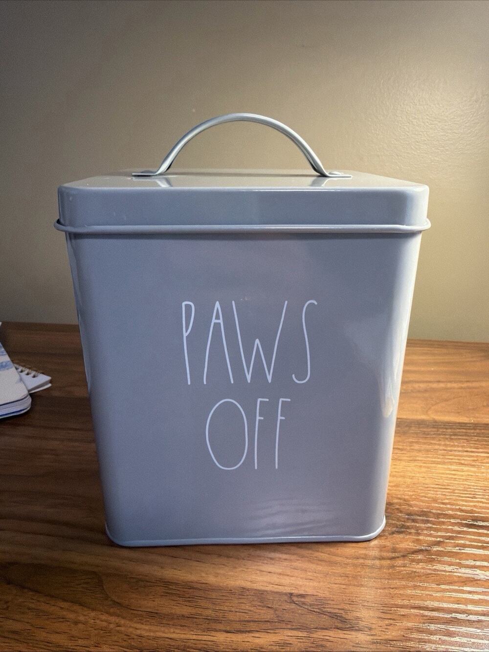 Rae Dunn Paws Off Canister Storage Treats Lidded Gray Tin Rectange 8x5.5